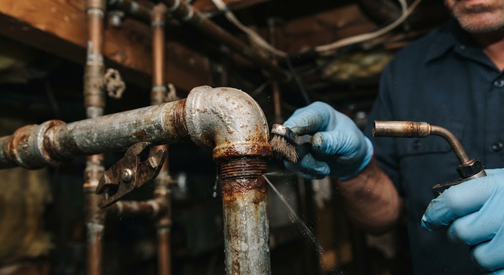Pipe Leak Repair in Atlantic City NJ inspecting corroded copper pipe fitting