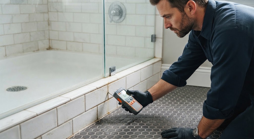 Shower & Bathroom Leak Detection in Atlantic City NJ inspecting bathroom tiles and shower fixtures