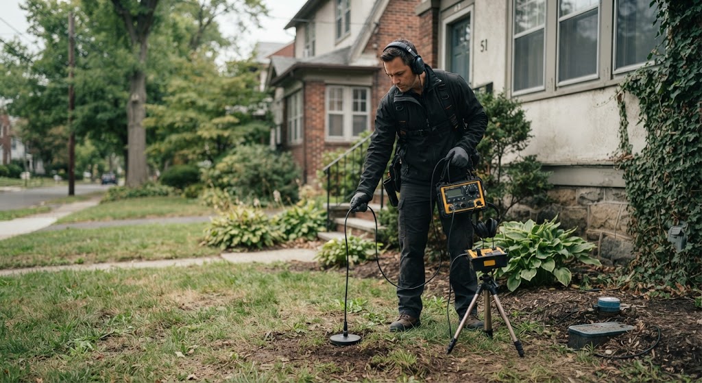 Water Line Leak Detection in Atlantic City NJ inspecting underground yard water pipe